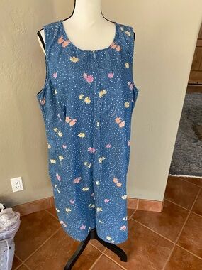 CJ Banks Blue Denim-Look Sleeveless Floral Shift Dress